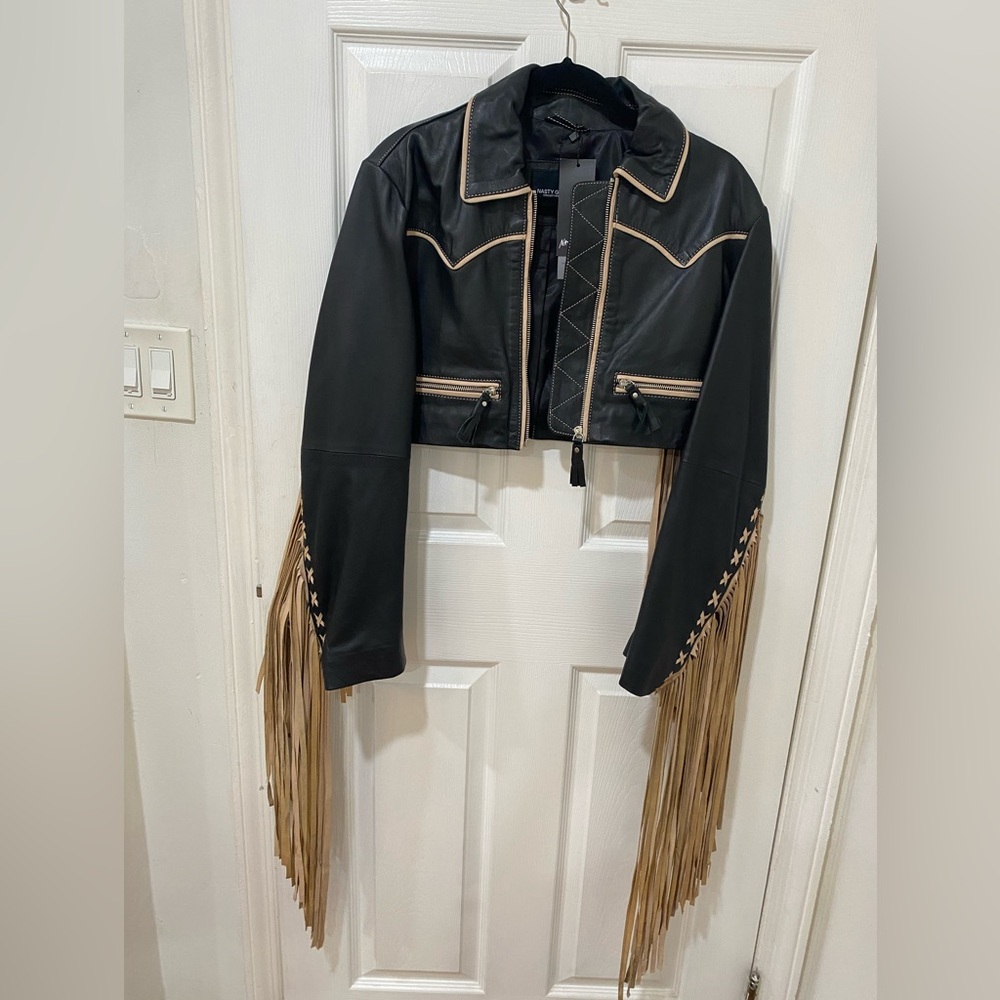 Nasty Gal - Black Leather Cropped Jacket with Tan Fringe Trim